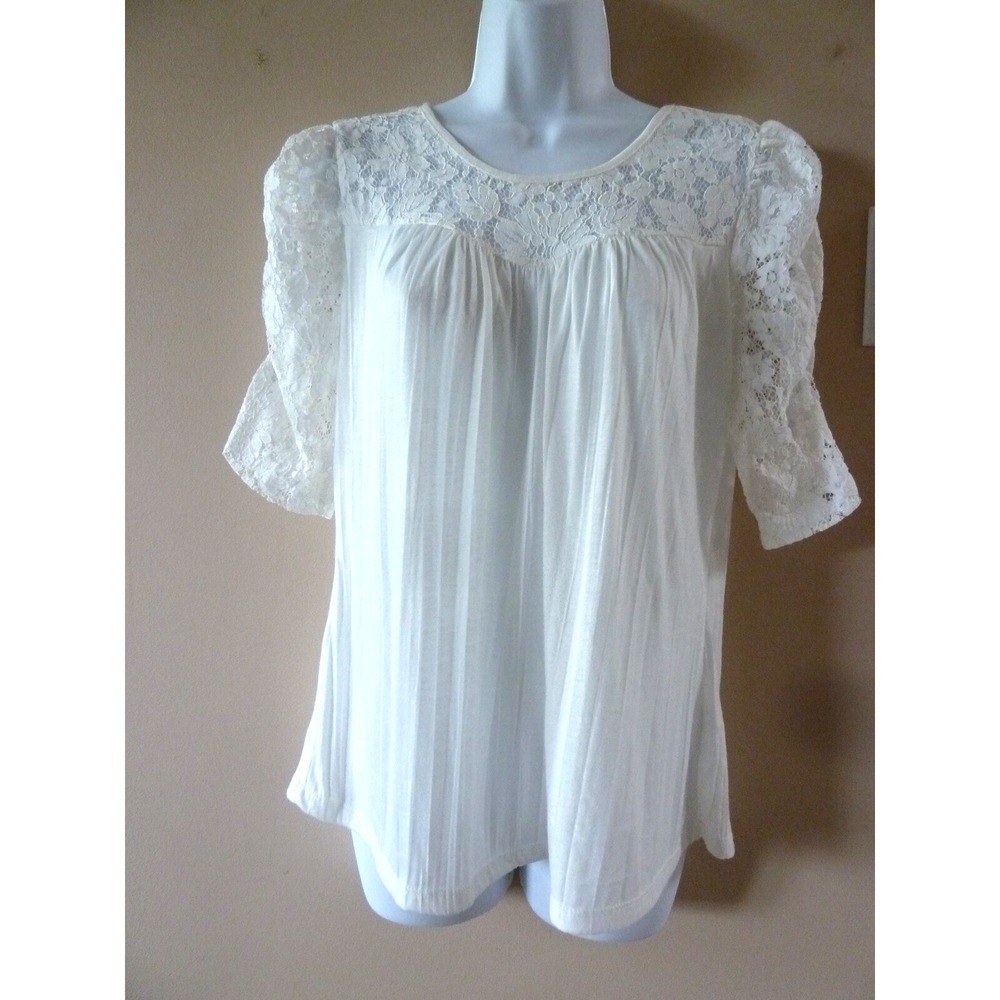 *A LOVE STORY Sz Large Ruched Puff Lace Sleeves Fairy Romantic White*
